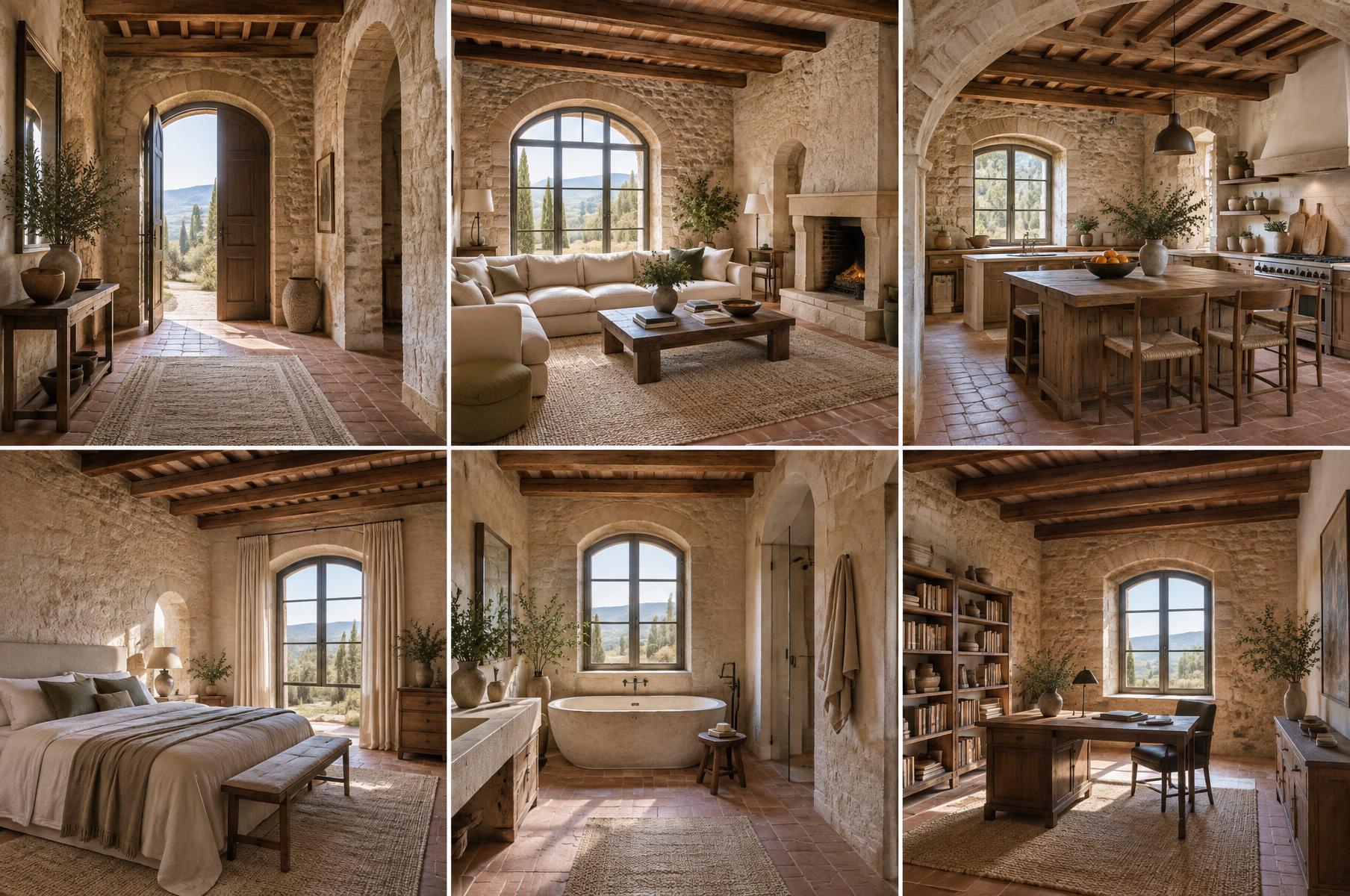 Simulazione AI coerente degli interni della stessa casa: ingresso, soggiorno, cucina, camera, bagno e studio