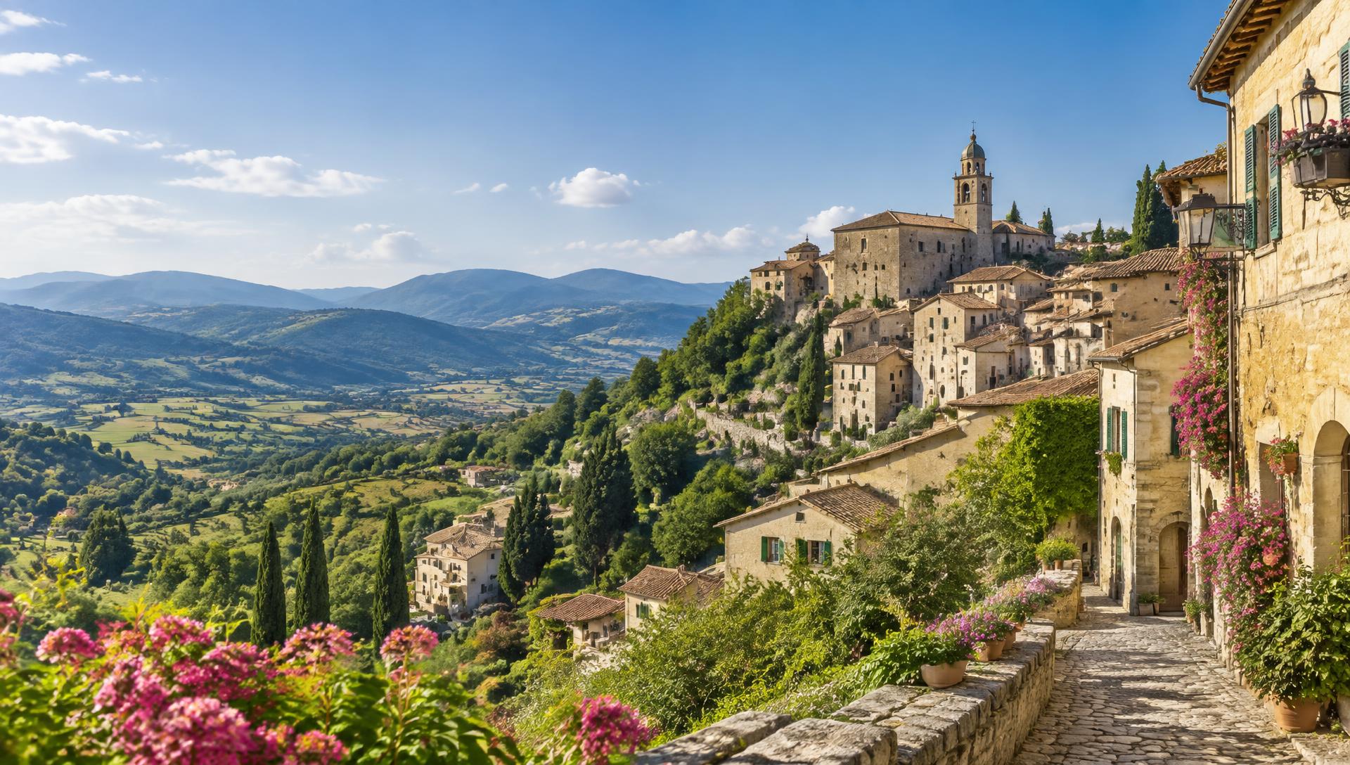 Borgo storico marchigiano su una collina al tramonto, con vista sulla campagna e sul mare