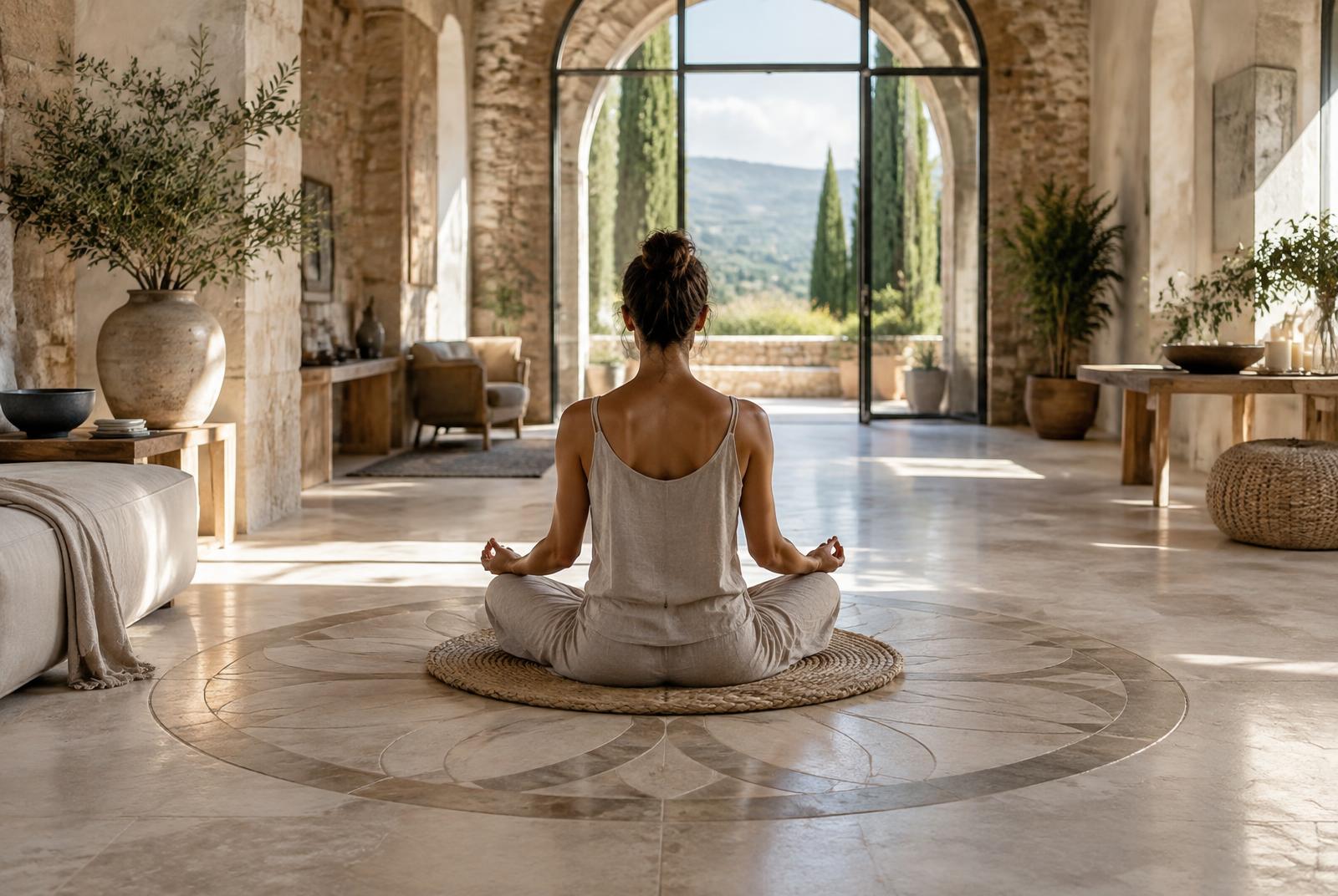 Persona in meditazione in uno spazio luminoso, naturale e armonioso